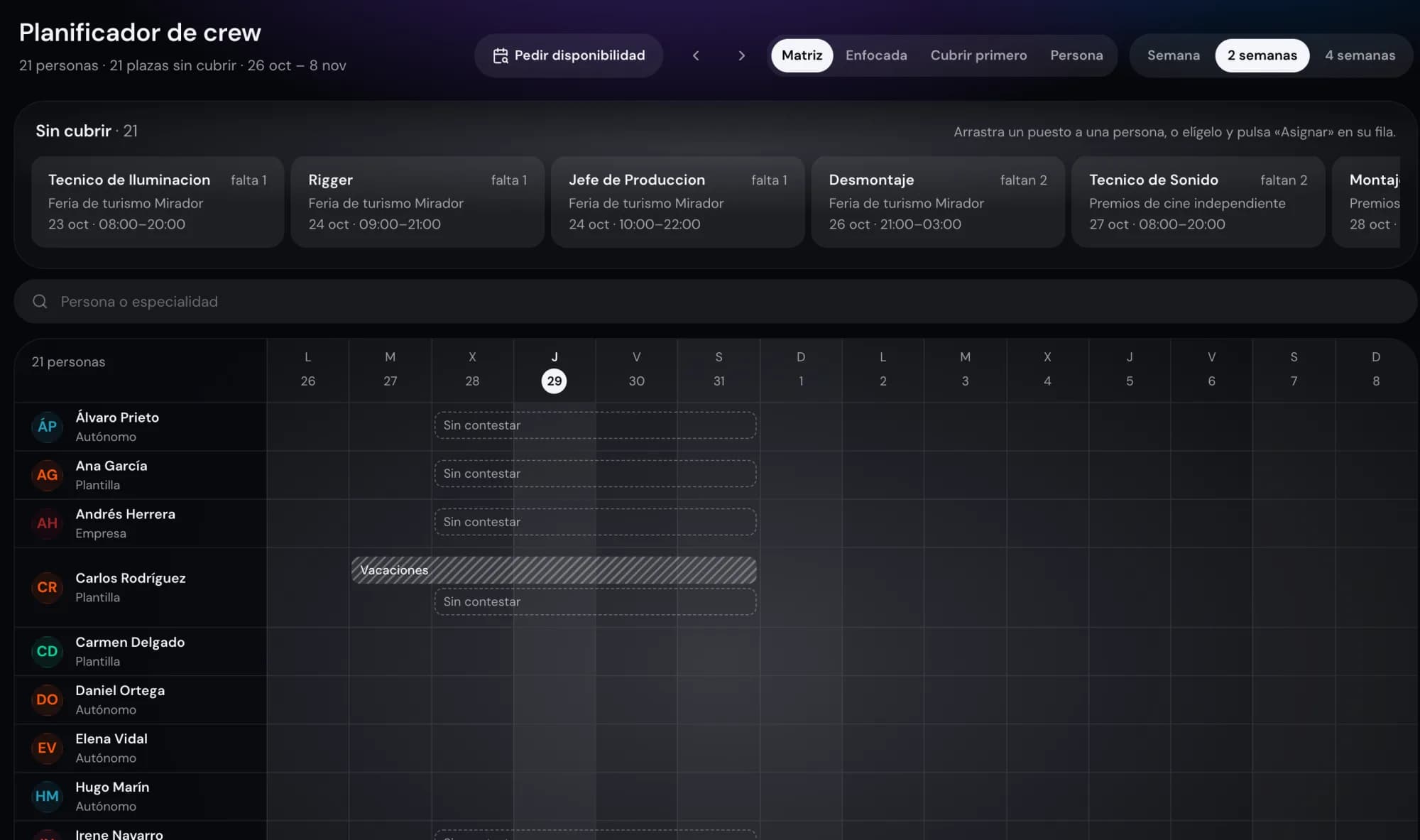 La pantalla de Crew de Quicvi, con datos de prueba.
