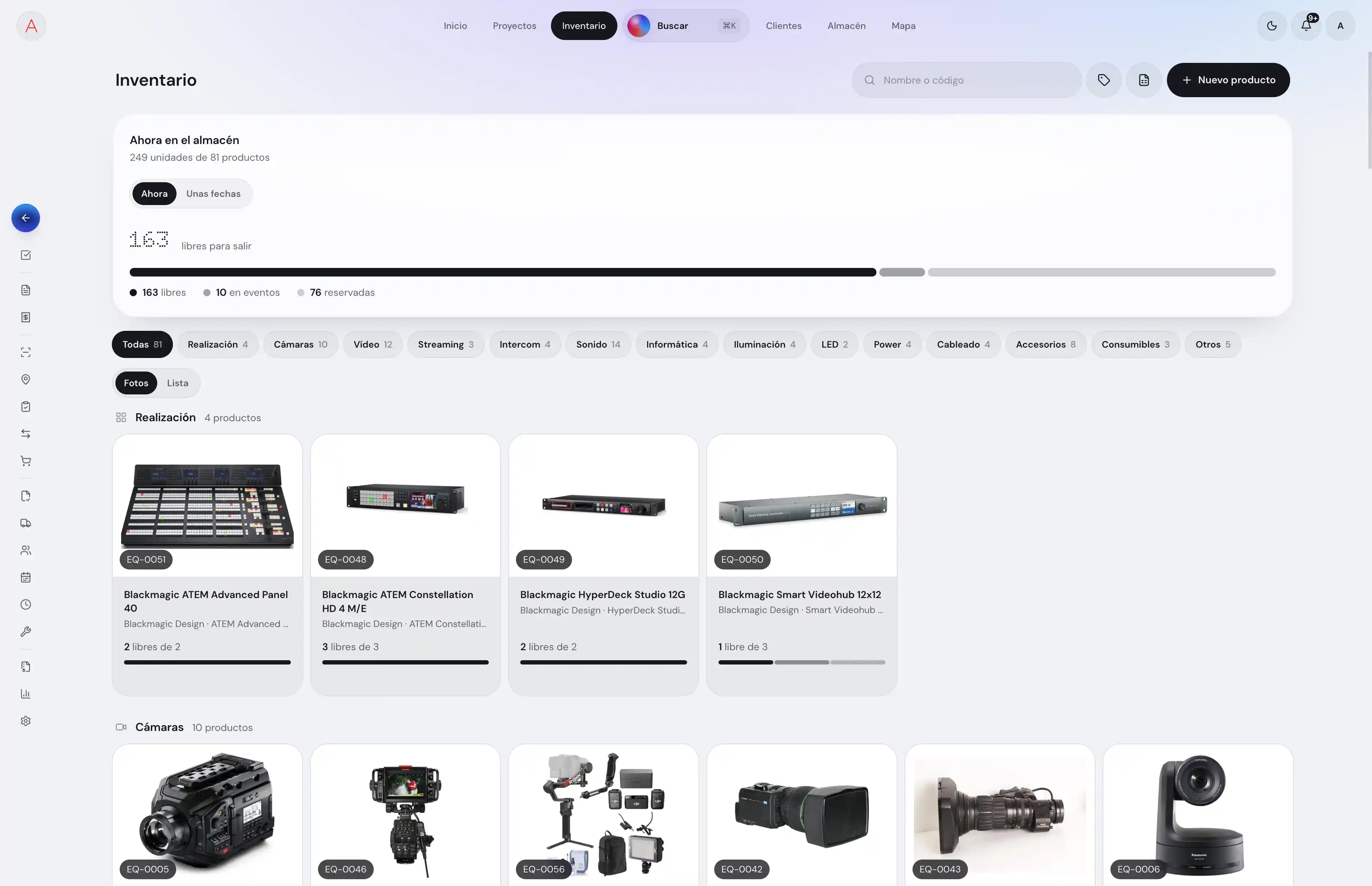 El mismo inventario en tema de día: lo que hay ahora en el almacén y cada producto con su foto.