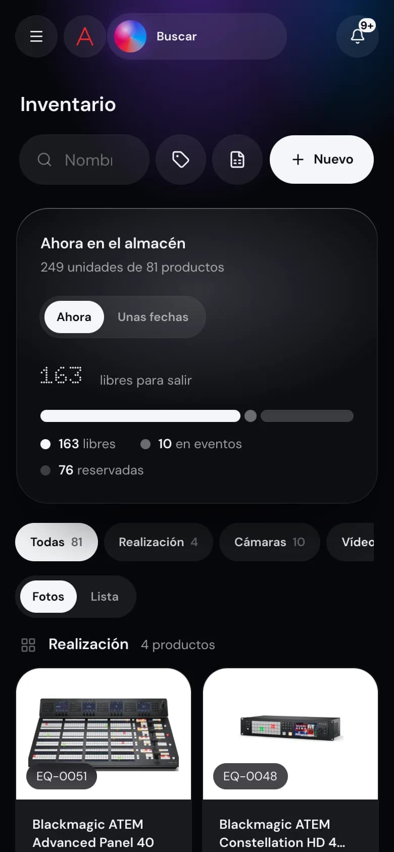 El inventario en el móvil, con lo que hay ahora en el almacén.
